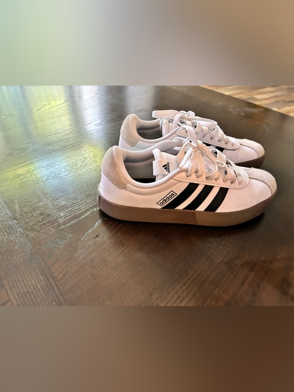 Adidas White Sneakers with Black Three-Stripes and Gum Sole- Women’s size 6.5 - Picture 2 of 5